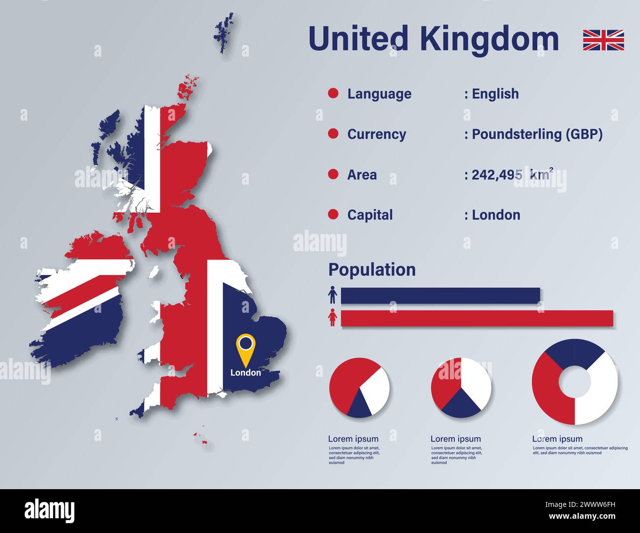 UK Infographic Vector Illustration, United Kingdom Statistical Data Element, UK Information Board with Flag Map, England Map Flag Flat Design Illustrazione Vettoriale