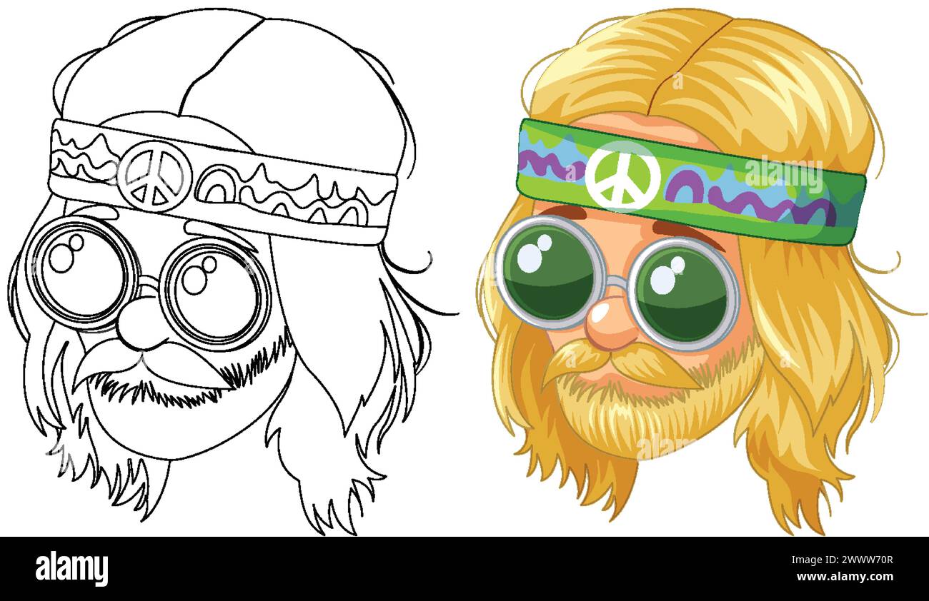 Design colorato e dettagliato dei personaggi hippie. Illustrazione Vettoriale