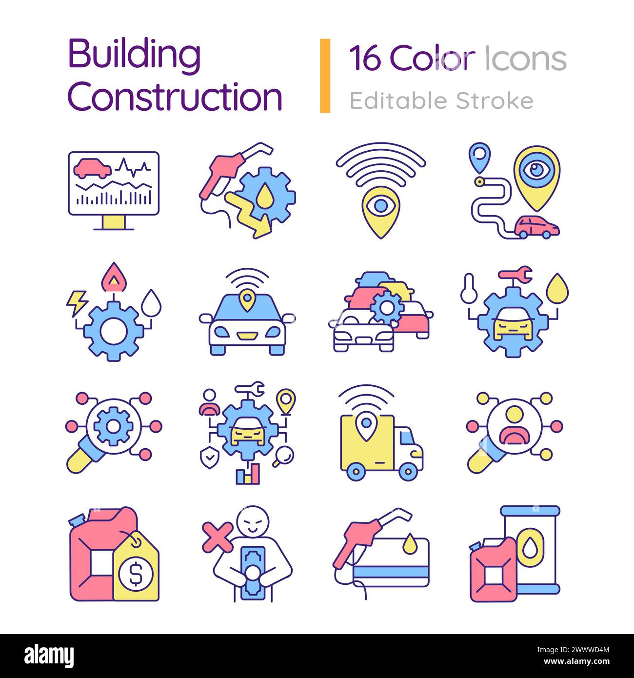 Costruzione di edifici set di icone a colori RGB Illustrazione Vettoriale