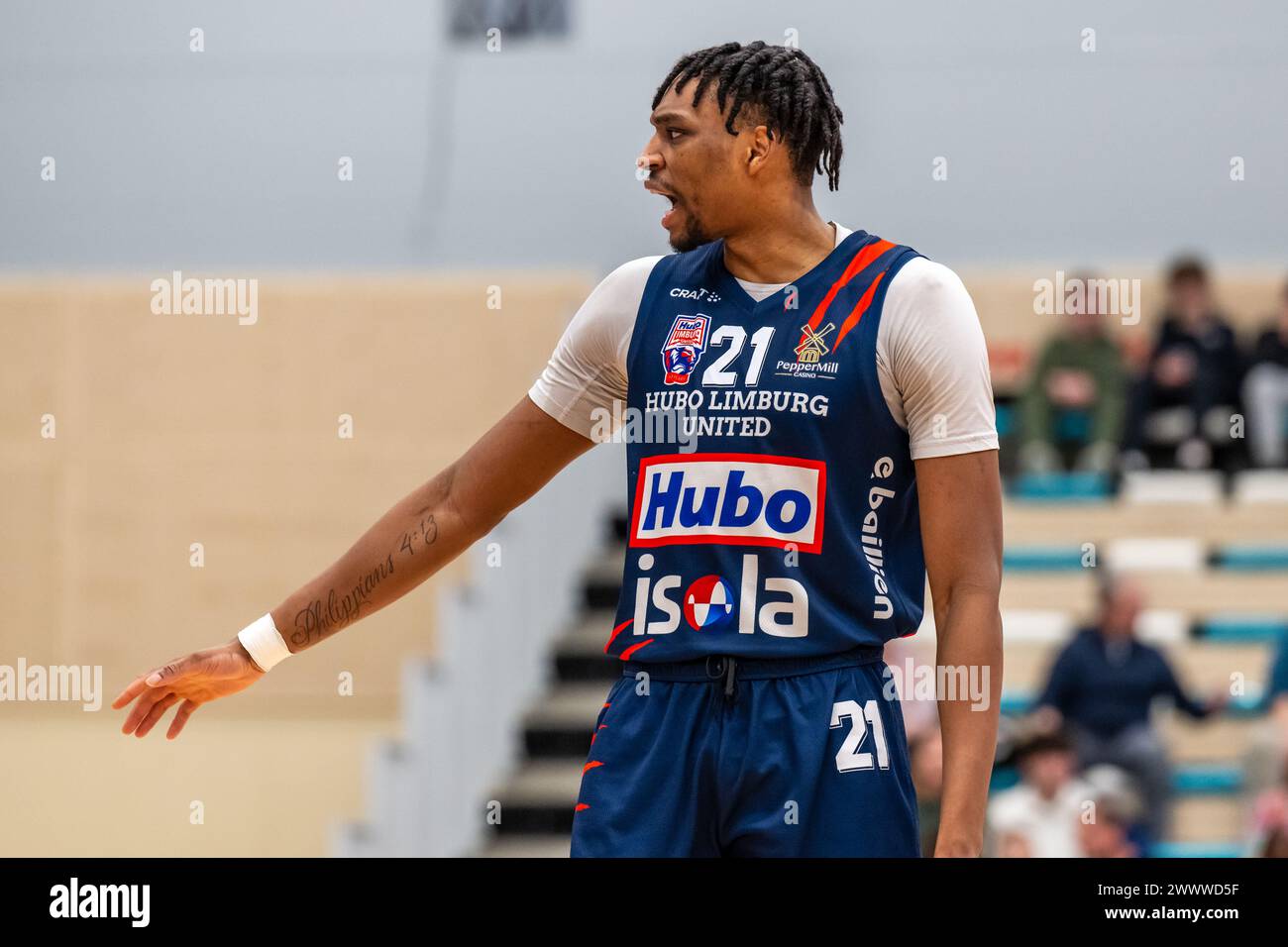 LEIDA, PAESI BASSI - 23 MARZO: Osunbowale Osunniyi dell'Hubo Limburg United durante il BNXT League Elite Gold match tra Zorg en Zekerheid Leiden An Foto Stock