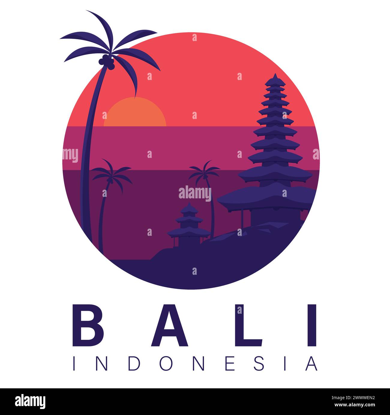 Splendido paesaggio dell'isola di Bali, design illustrativo vettoriale, sagoma del tempio di Bali in Indonesia, paesaggio dell'isola di Bali, tramonto Silhoutte tropicale Illustrazione Vettoriale