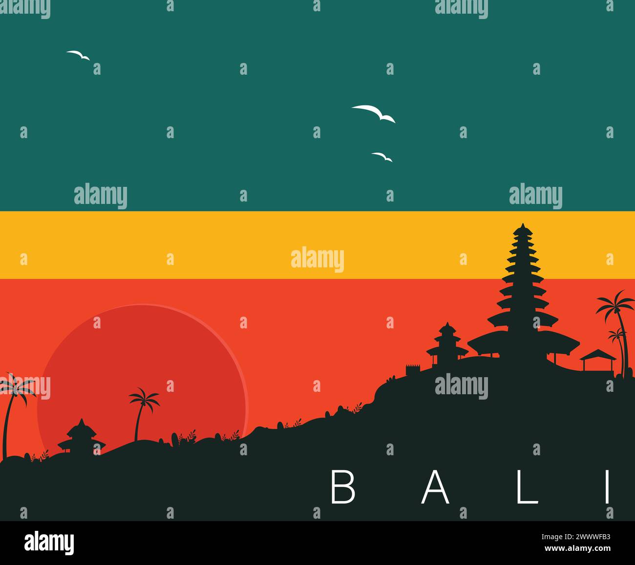 Splendido paesaggio dell'isola di Bali, design illustrativo vettoriale, sagoma del tempio di Bali in Indonesia, paesaggio dell'isola di Bali, tramonto Silhoutte tropicale Illustrazione Vettoriale