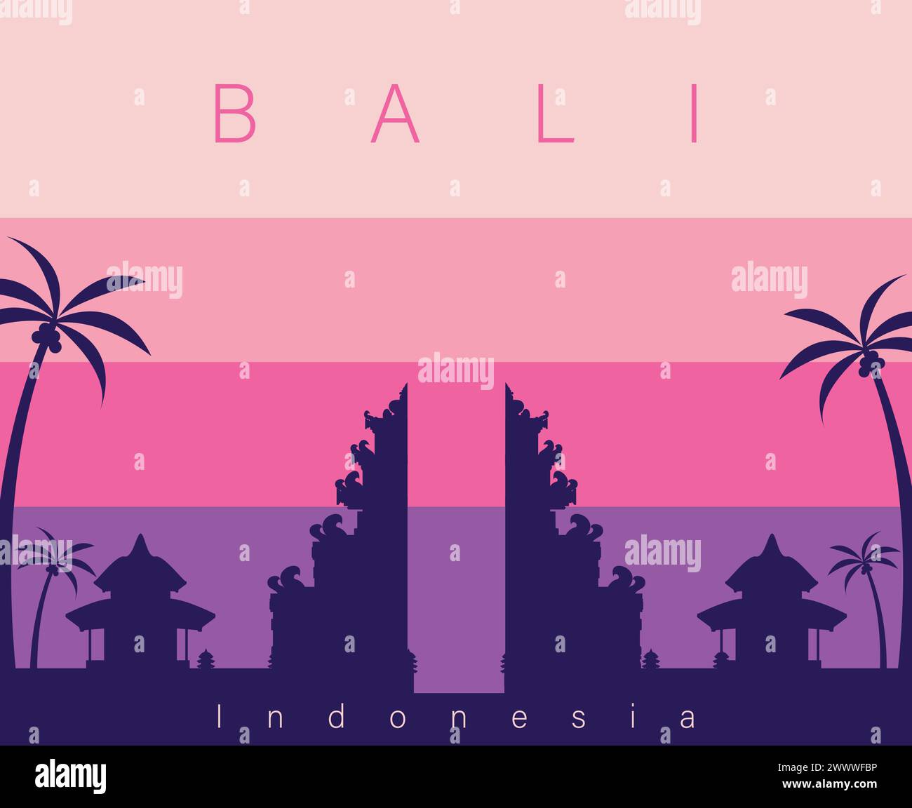 Splendido paesaggio dell'isola di Bali, design illustrativo vettoriale, sagoma del tempio di Bali in Indonesia, paesaggio dell'isola di Bali, tramonto Silhoutte tropicale Illustrazione Vettoriale