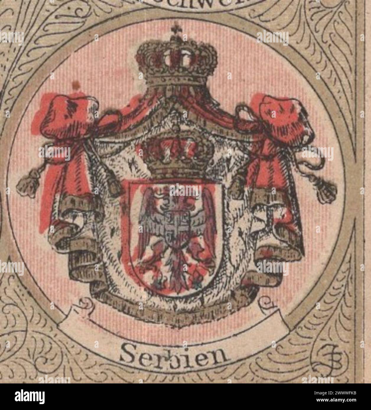 Rara immagine litografica antica della metà del XIX secolo (1850-1860) sullo stemma della Serbia in lingua tedesca / litografia antike wappen von serbien Foto Stock