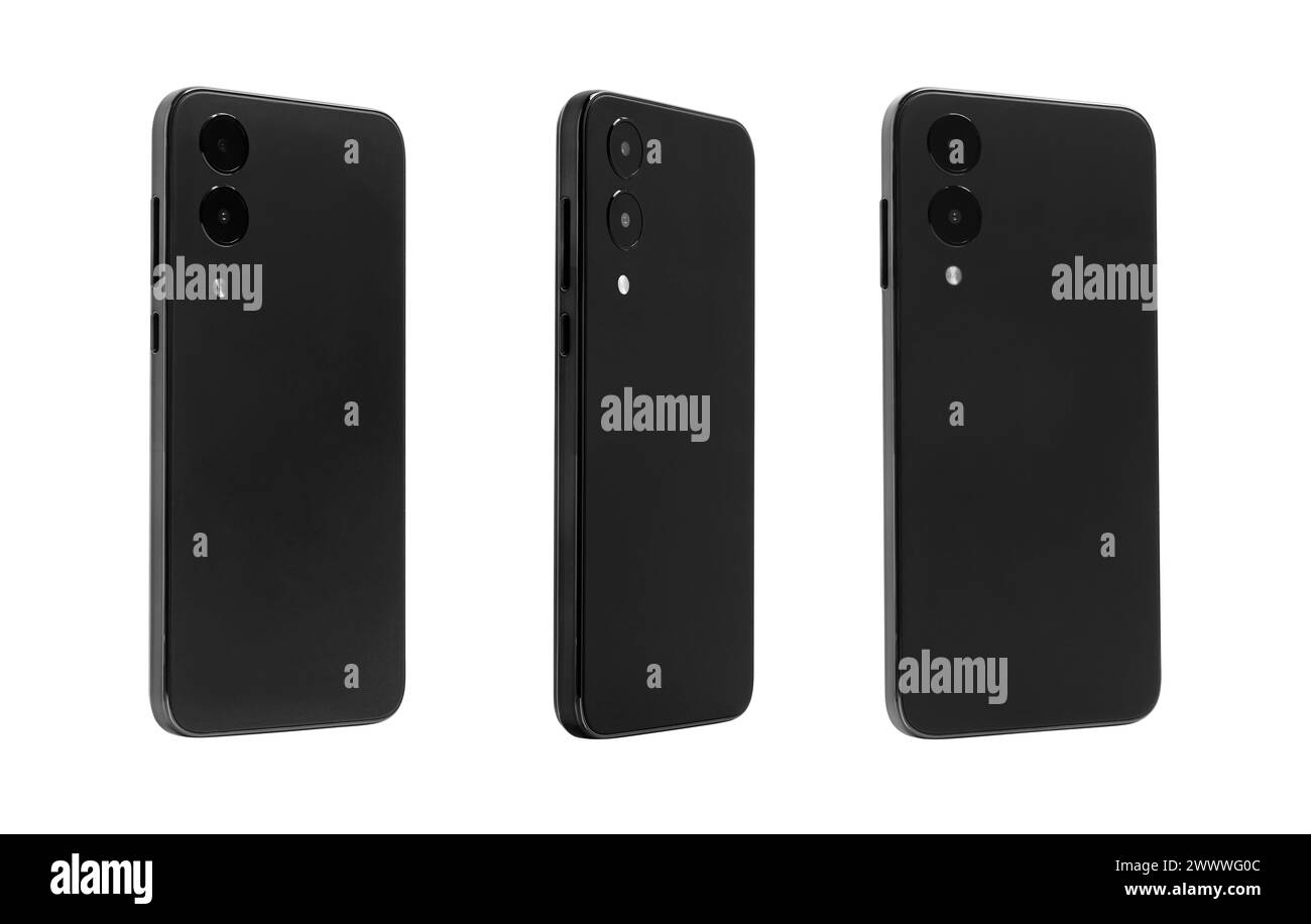 Smartphone isolato su bianco, collage di foto Foto Stock