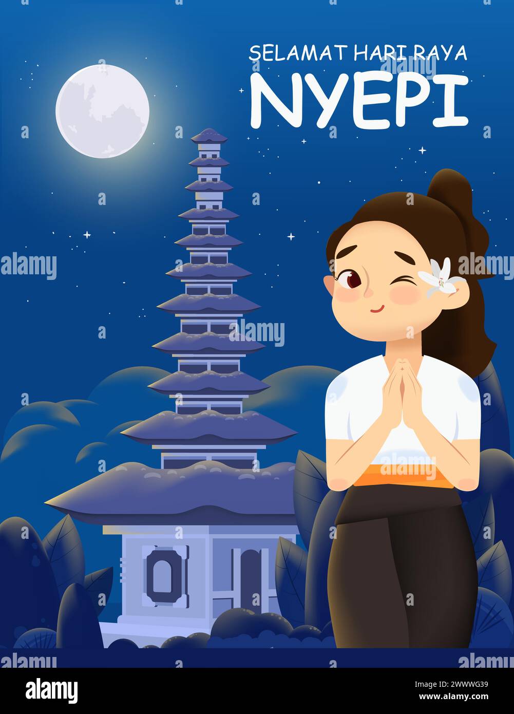 Traduzione : buon Nyepi Day. Happy Bali's Day of Silence e Hindu New Year Vector Illustration, Nyepi Day e Hari Raya Saka, cerimonia indù Illustrazione Vettoriale