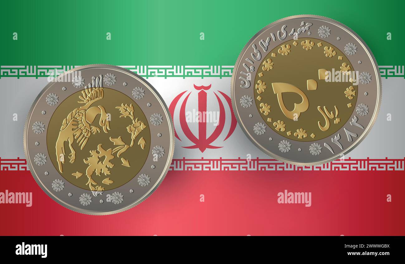 500 moneta di rial iraniana con la bandiera iraniana sullo sfondo. Illustrazione vettoriale. Illustrazione Vettoriale