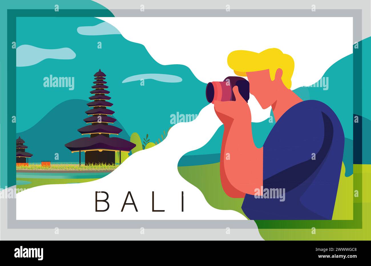 Bali Photograph Vector Illustration Flat Design, che cattura il bellissimo Tempio di Bali con sfondo al tramonto, Un uomo che scatta una foto della splendida Temp di Bali Illustrazione Vettoriale