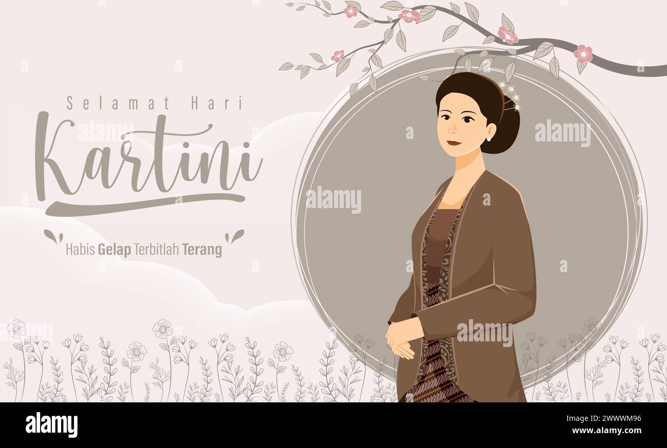 Selamat Hari Kartini significa "Happy Kartini Day". Kartini è un eroe femminile indonesiano. Habis gelap terbitlah terang significa After Darkness comes Light. Vettore Illustrazione Vettoriale