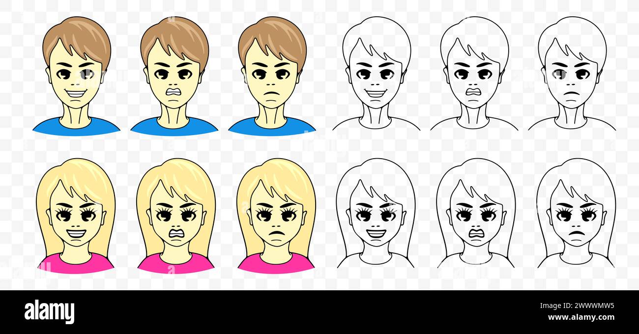 Uomo e donna con emozioni diverse sul viso, design grafico. Gioia, sorriso, tristezza, rabbia e aggressività, design vettoriale e illustrazione Illustrazione Vettoriale