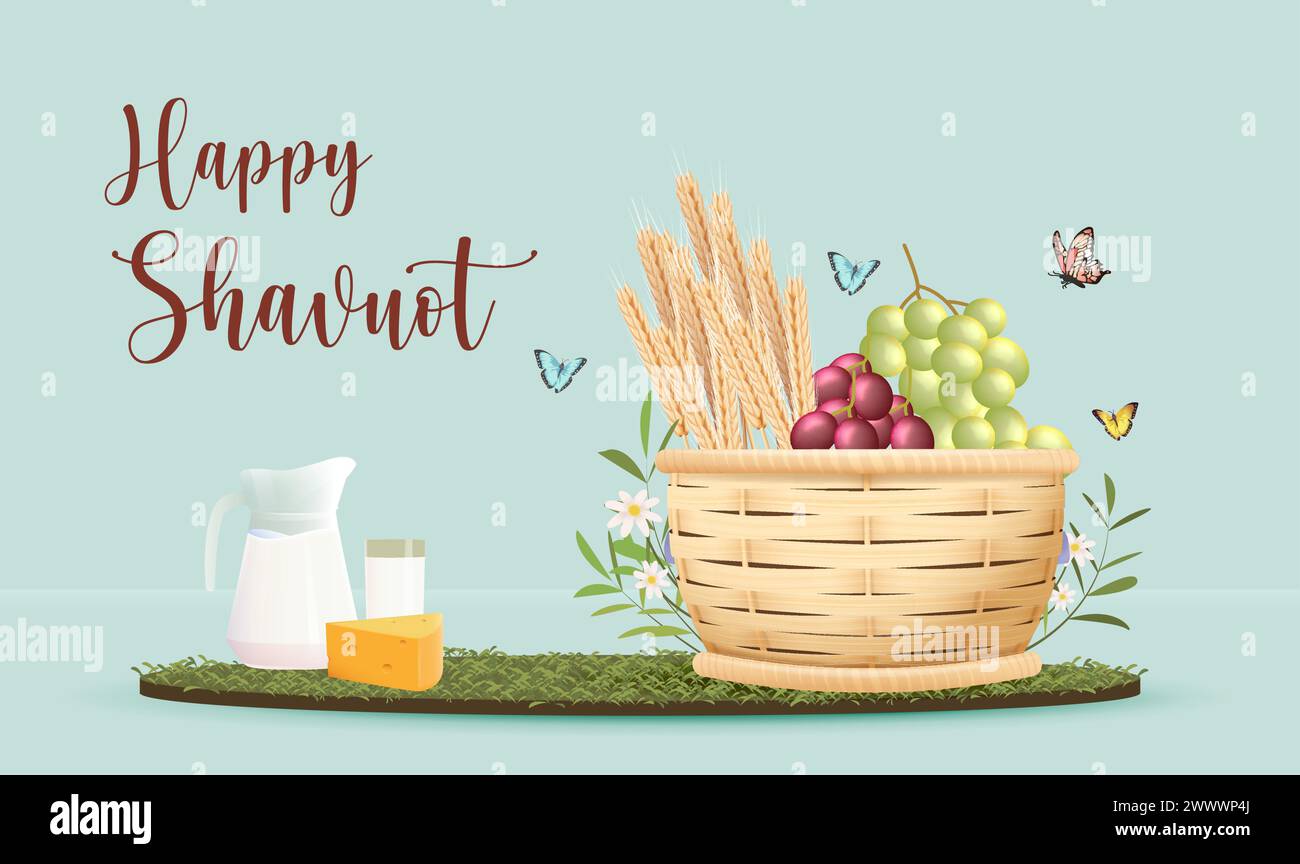 Banner modello Happy Shavuot con stile 3D. Concetto Jewish Holiday Shavuot con frutta, frumento e bottiglia di latte. Illustrazione vettoriale. Tel. Biglietto d'auguri Illustrazione Vettoriale