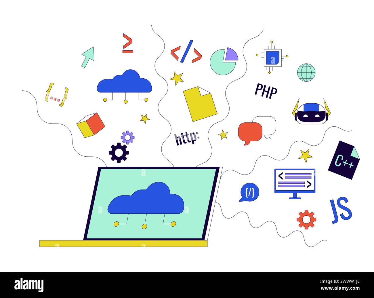 Oggetto cartoon lineare 2D per lo sviluppo di software basato su cloud Illustrazione Vettoriale