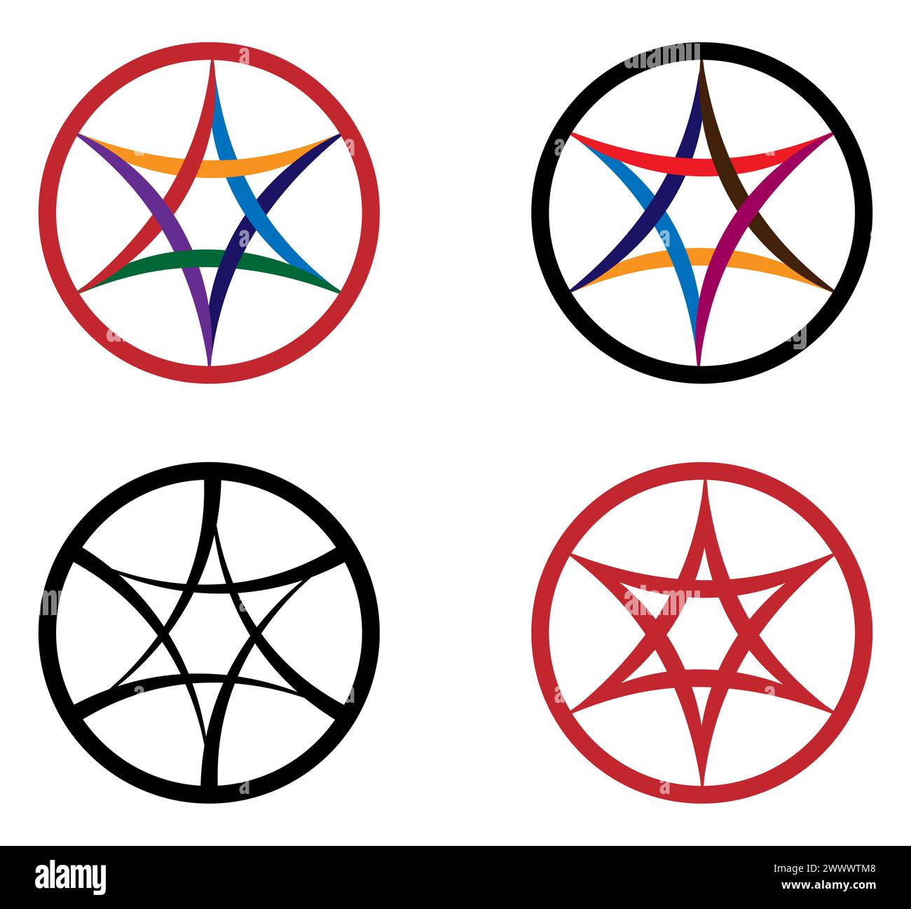 Sei stelle appuntite in una cornice circolare con triangoli di archi ricurvi interlacciati. Illustrazione Vettoriale