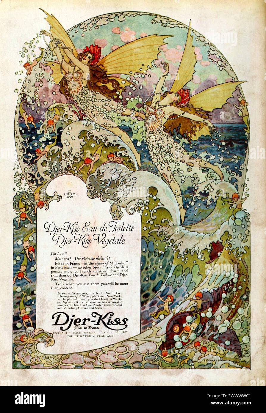 Vintage Magazine Art Nouveau pubblicità per ' Djer-Kiss Eau de toilette' 1920 Foto Stock