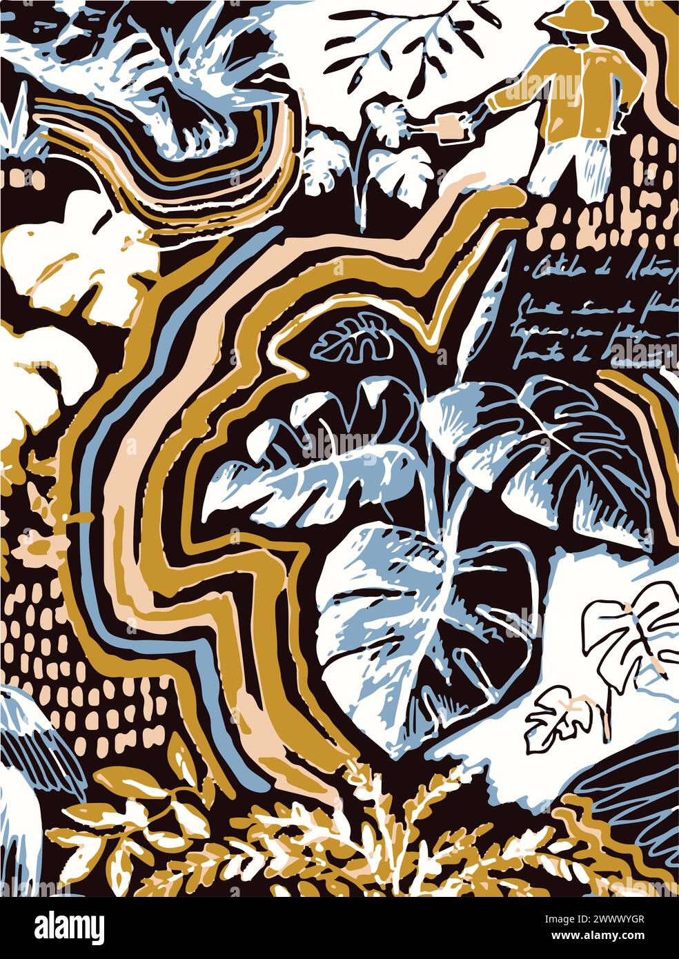 Motivo floreale dell'illustrazione vettoriale. Fiori grandi foglie tropicali. Foglie botaniche, design piccolo, design grande, effetto watercolou astratto multicolore Illustrazione Vettoriale