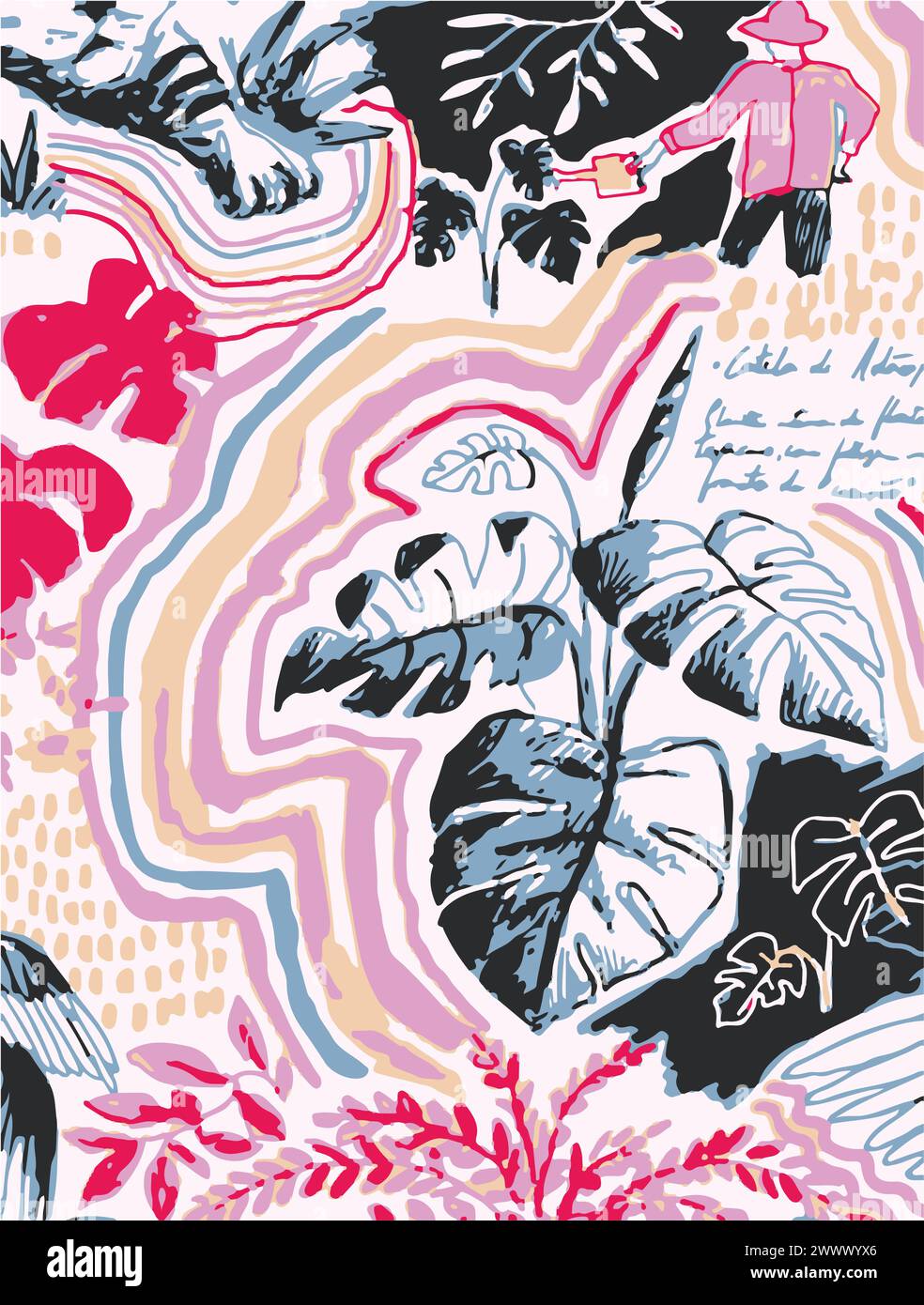 Motivo floreale dell'illustrazione vettoriale. Fiori grandi foglie tropicali. Foglie botaniche, design piccolo, design grande, effetto watercolou astratto multicolore Illustrazione Vettoriale