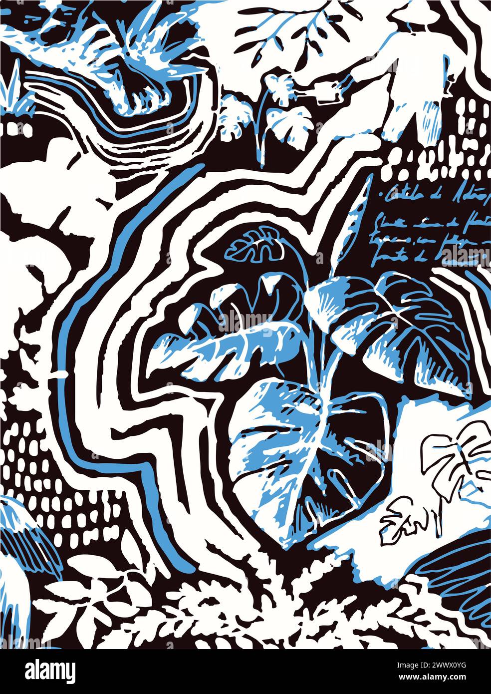 Motivo floreale dell'illustrazione vettoriale. Fiori grandi foglie tropicali. Foglie botaniche, design piccolo, design grande, effetto watercolou astratto multicolore Illustrazione Vettoriale