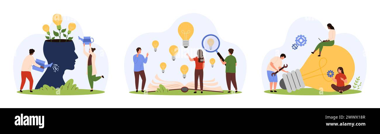 Sviluppo, esportazione e creazione di idee creative. Le piccole persone coltivano lampadine all'interno del cervello aperto, riparano e studiano lampade che volano fuori dal libro con un'illustrazione vettoriale di cartoni animati in vetro ingrandente Illustrazione Vettoriale