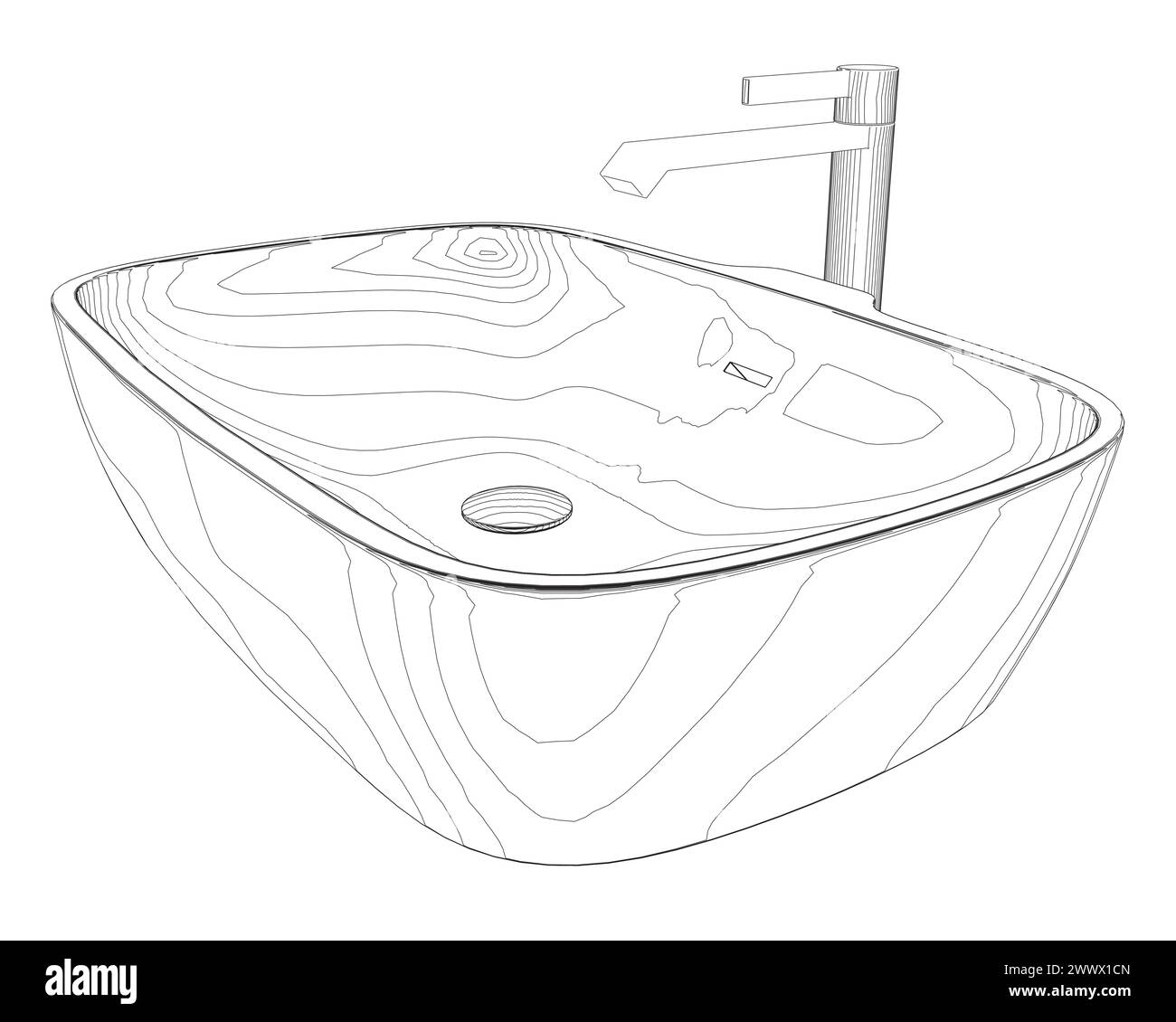 Lavandino del bagno con disegno a linea di rubinetto su sfondo bianco isolato. Illustrazione vettoriale. Illustrazione Vettoriale