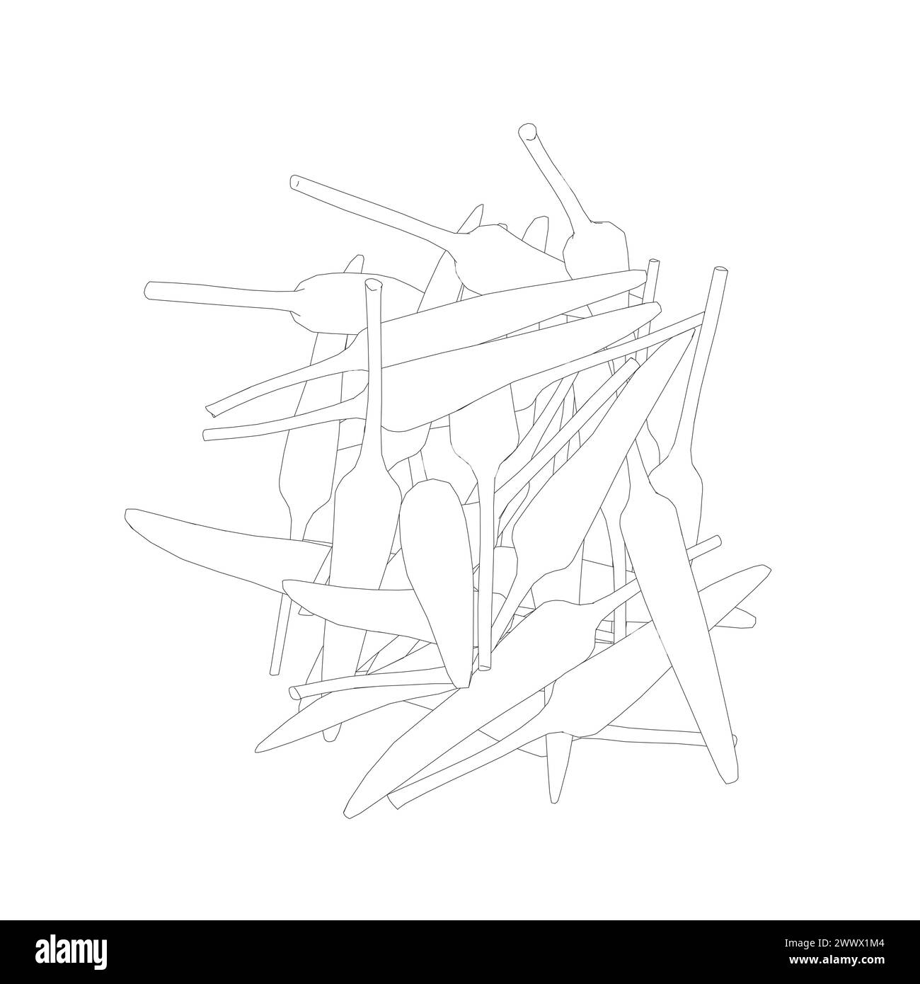 Contorno di un mazzo di peperoni fatto di linee nere isolate su sfondo bianco. Illustrazione vettoriale. Illustrazione Vettoriale