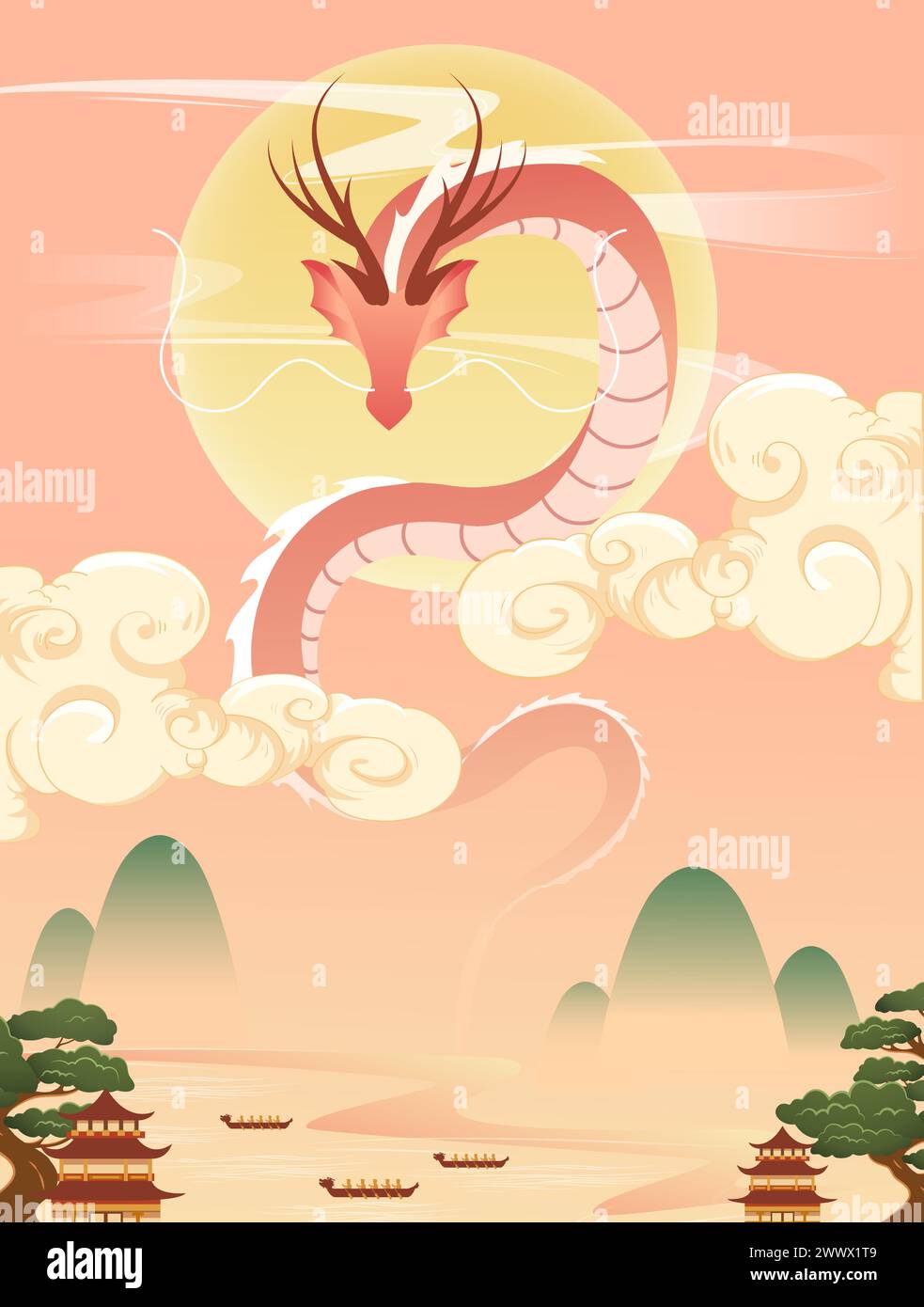 Traduzione: Happy Dragon Boat Festival. Dragon Boat in River per la gara di canottaggio . Banner per il Duanwu Festival in stile 3D. Illustrazione Vettoriale