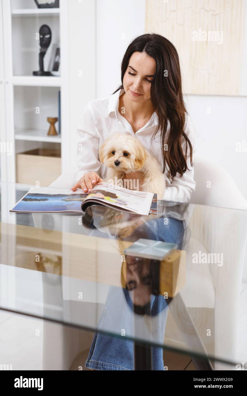 Donna seduta accanto al tavolo con il cane maltipoo che riposa sulle sue gambe, leggendo la rivista in ufficio Foto Stock