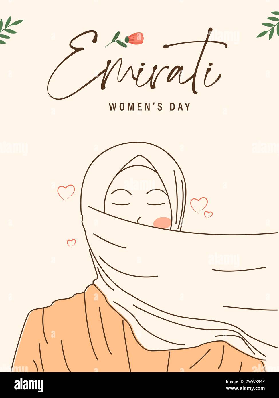 Emirates Women's Day Design with Female with Hijab Vector Illustration. Modello per la giornata delle donne degli Emirati adatto per poster Banner sfondo del volantino. EMIRATI ARABI UNITI W Illustrazione Vettoriale
