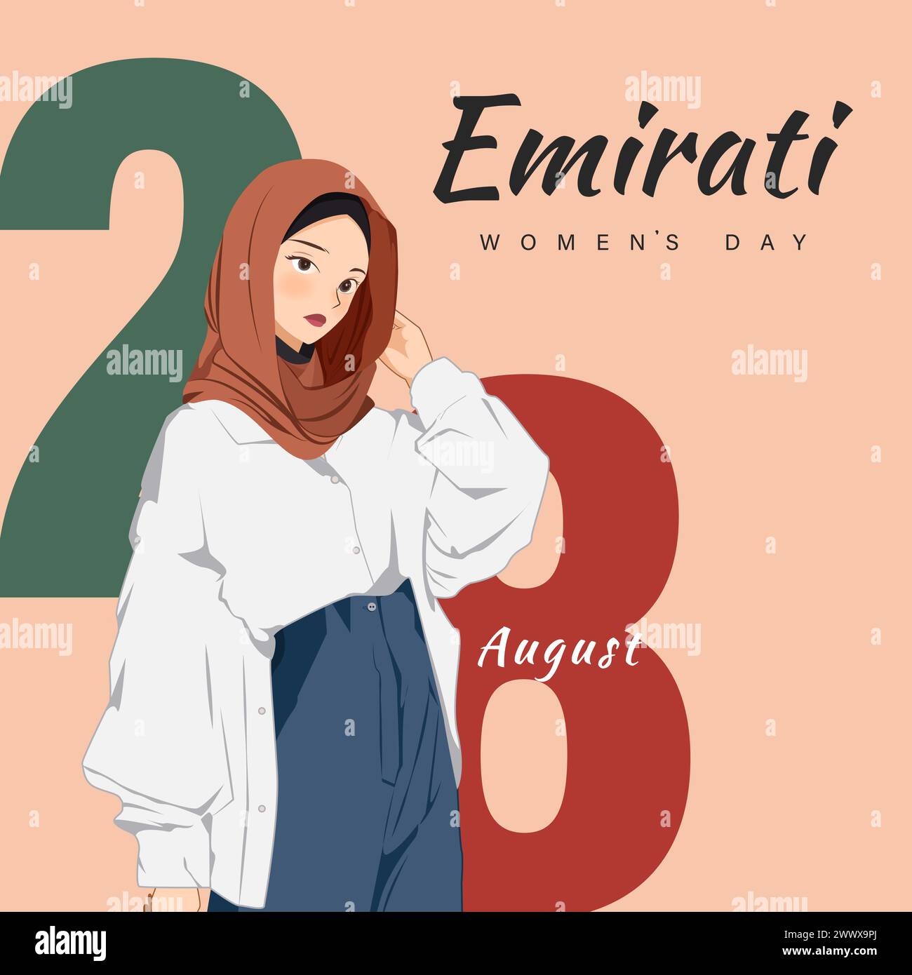 Emirates Women's Day Design with Female with Hijab Vector Illustration. Modello per la giornata delle donne degli Emirati adatto per poster Banner sfondo del volantino. EMIRATI ARABI UNITI W Illustrazione Vettoriale