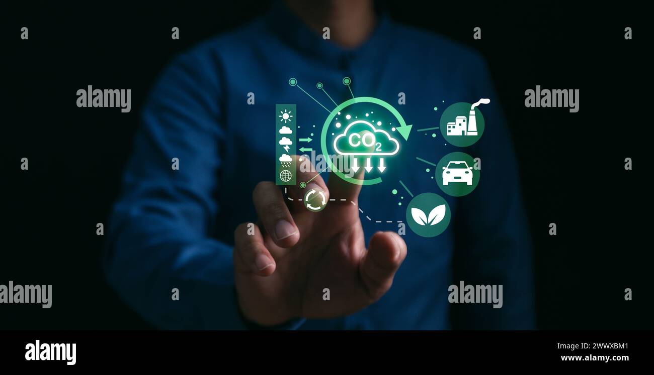 Il carbonio dei gas a effetto serra riduce le emissioni di CO2 per limitare il riscaldamento globale e i cambiamenti climatici, l'ambiente ecologico neutro dal punto di vista energetico decarbonizza il riciclaggio della tecnologia Foto Stock