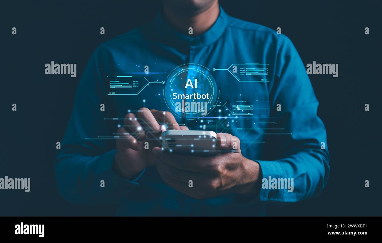Chatbot di intelligenza artificiale generato DALL'INTELLIGENZA artificiale, gli esseri umani utilizzano la tecnologia di intelligenza artificiale, immettere prompt dei comandi per generare, Business person chattare con un bot de intelligente Foto Stock