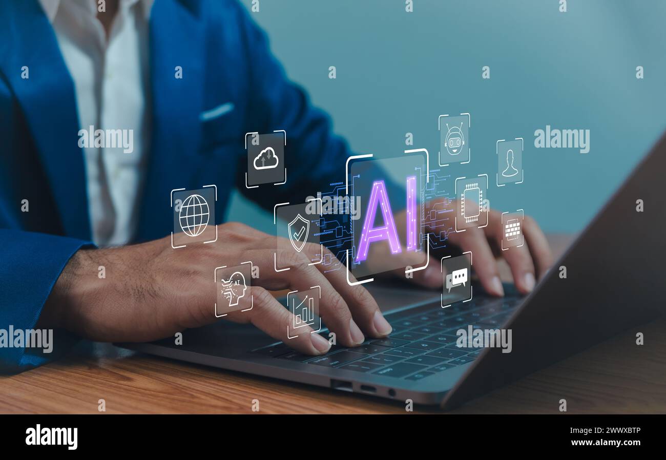 Chatbot di intelligenza artificiale generato DALL'INTELLIGENZA artificiale, gli esseri umani utilizzano la tecnologia di intelligenza artificiale, immettere prompt dei comandi per generare, Business person chattare con un bot de intelligente Foto Stock