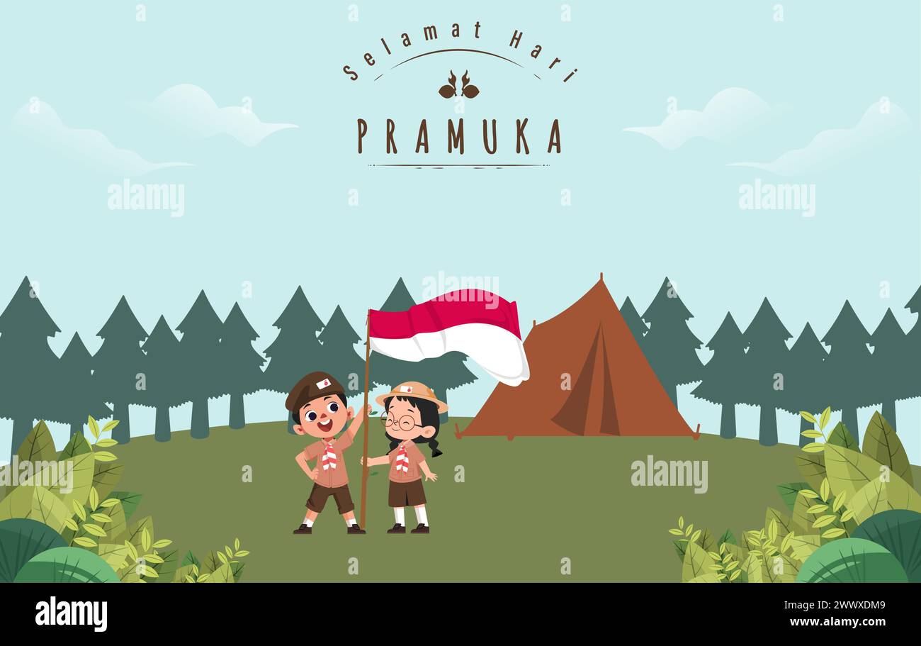 Traduzione: Buon giorno scout 14 agosto giornata del Festival indonesiano. Selamat Hari Pramuka. Illustrazione vettoriale. Ragazzo e ragazza studente festeggiano il giorno del pramuka. Illustrazione Vettoriale