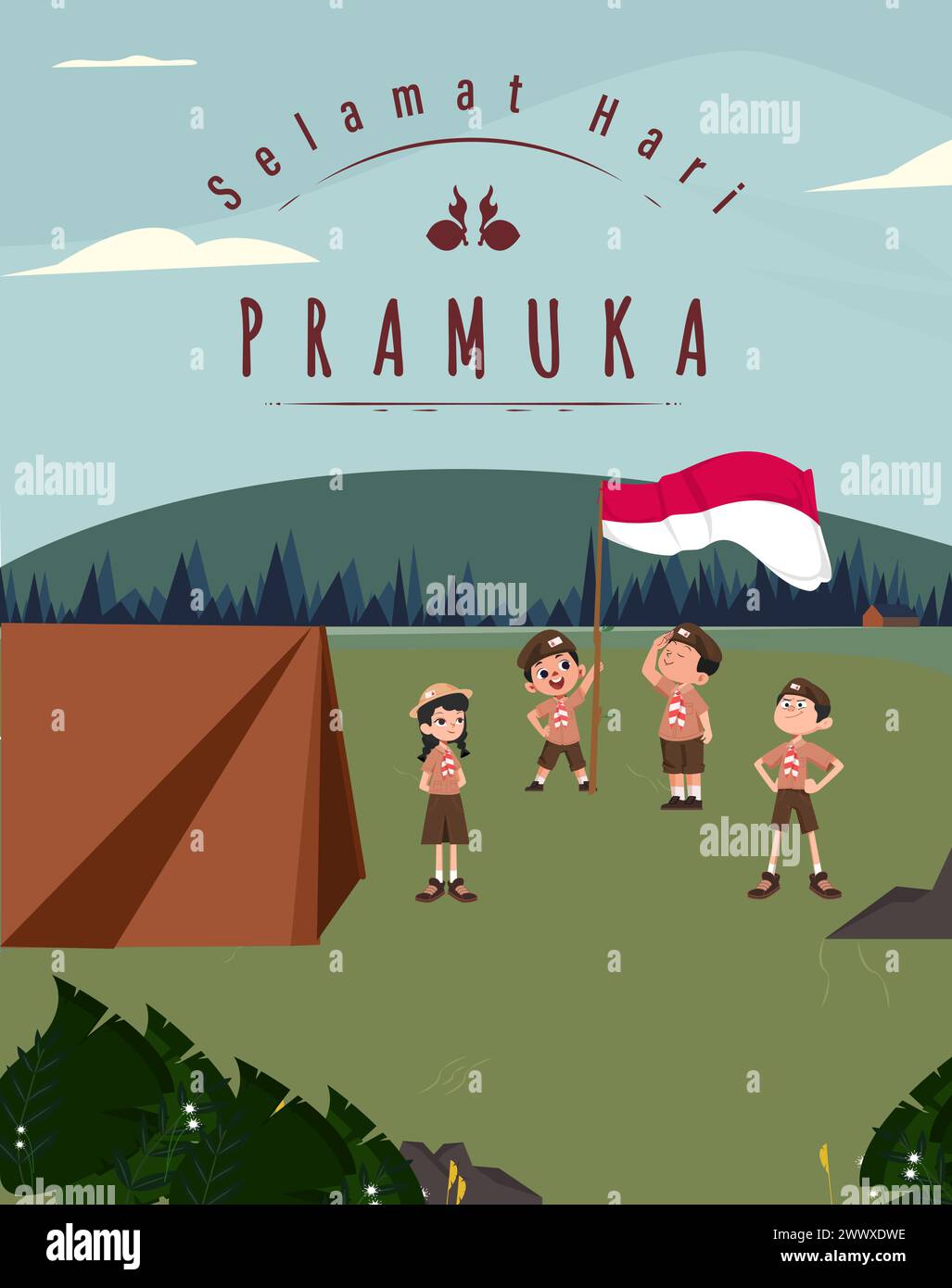 Traduzione: Buon giorno scout 14 agosto giornata del Festival indonesiano. Selamat Hari Pramuka. Illustrazione vettoriale. Ragazzo e ragazza studente festeggiano il giorno del pramuka. Illustrazione Vettoriale