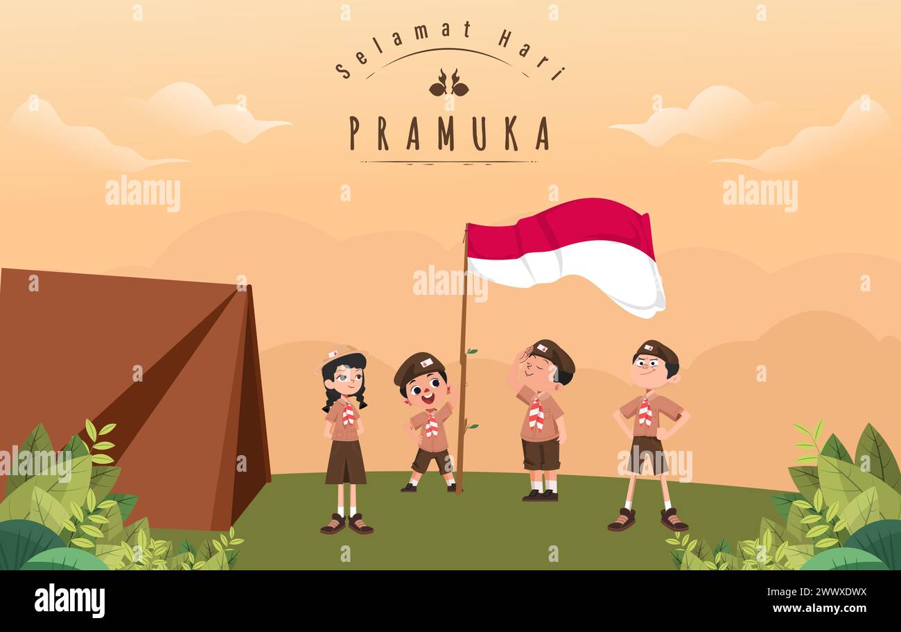 Traduzione: Buon giorno scout 14 agosto giornata del Festival indonesiano. Selamat Hari Pramuka. Illustrazione vettoriale. Ragazzo e ragazza studente festeggiano il giorno del pramuka. Illustrazione Vettoriale