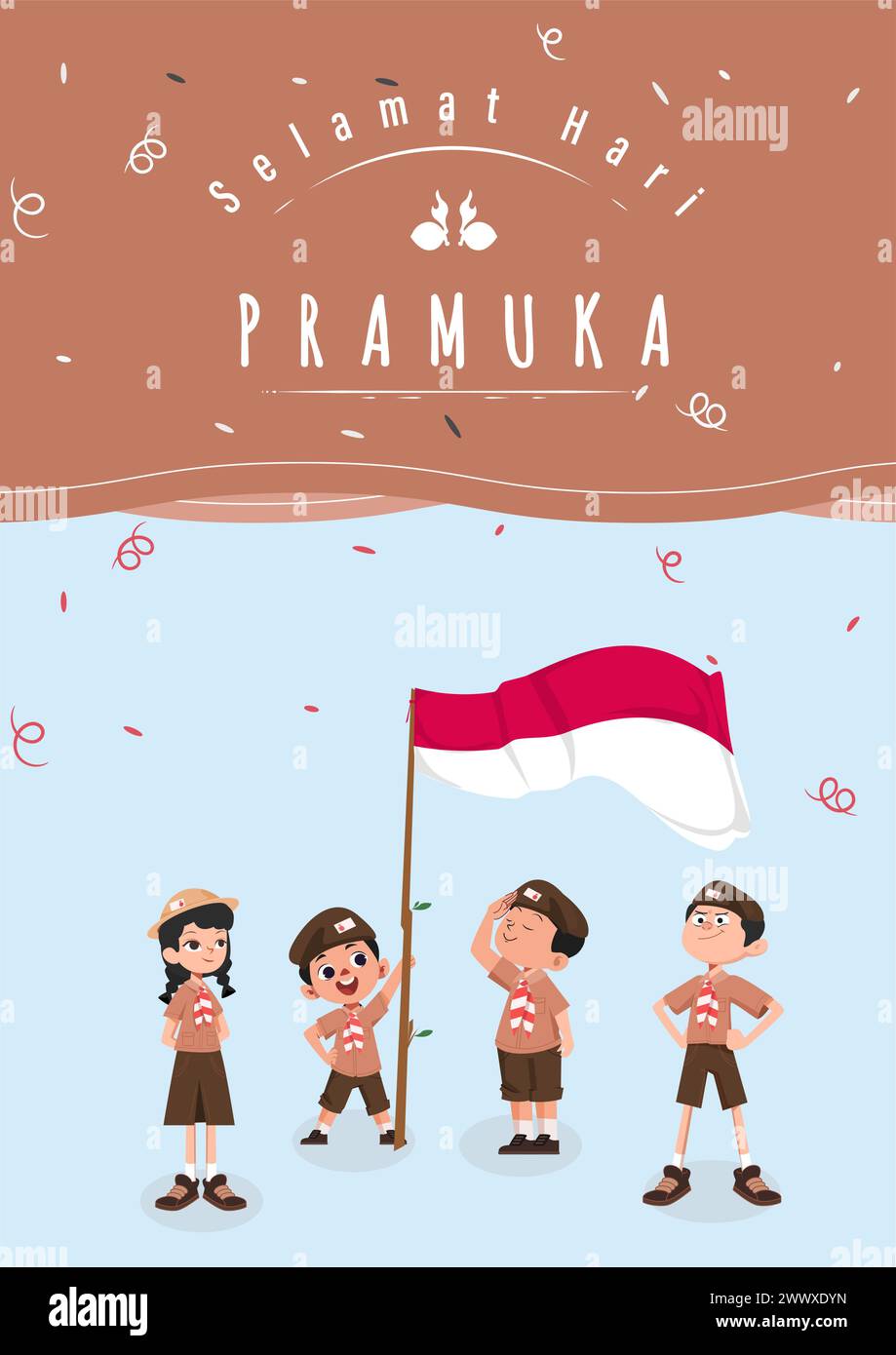 Traduzione: Buon giorno scout 14 agosto giornata del Festival indonesiano. Selamat Hari Pramuka. Illustrazione vettoriale. Ragazzo e ragazza studente festeggiano il giorno del pramuka. Illustrazione Vettoriale