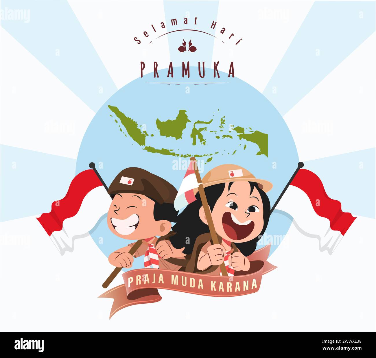 Traduzione: Buon giorno scout 14 agosto giornata del Festival indonesiano. Selamat Hari Pramuka. Illustrazione vettoriale. Ragazzo e ragazza studente festeggiano il giorno del pramuka. Illustrazione Vettoriale