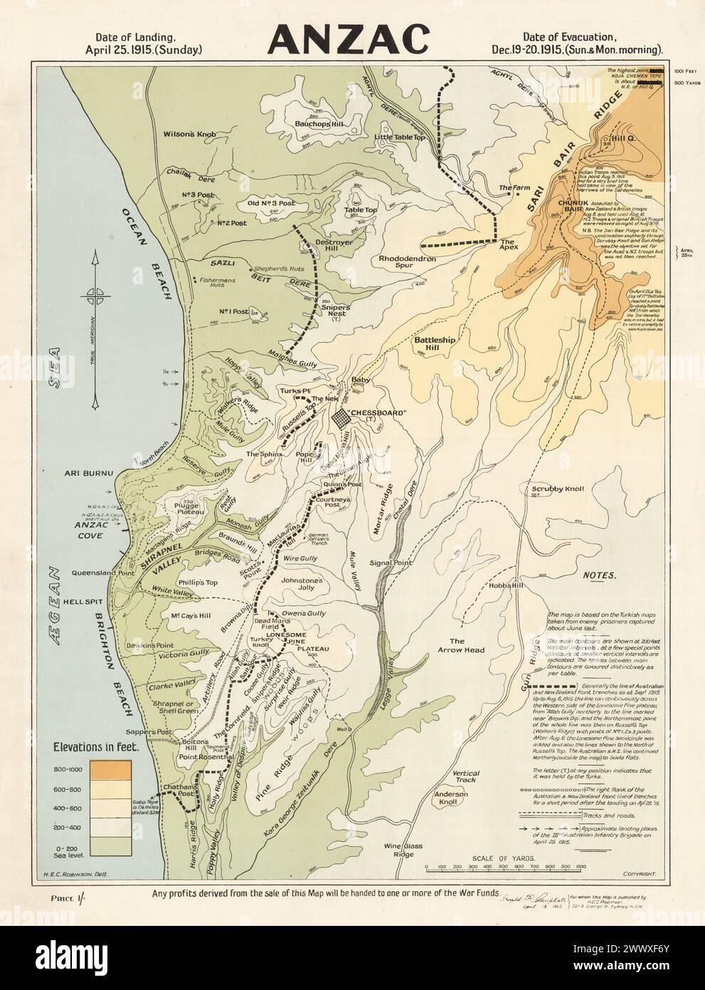 Mappa vintage della prima Guerra Mondiale. Anzac mappa topografica della penisola di Gallipoli, Turchia, che mostra i pali dell'ANZAC e della Turchia, le trincee, i binari e le strade e i luoghi di approdo approssimativi. Area coperta da nord di Bauchops Hill, da Wine Glass Ridge, dal Mare Ageano a est di Hill. 1916 Foto Stock