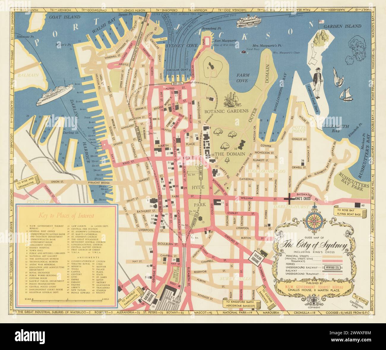 Mappa turistica d'epoca. Mappa della città di Sydney, inclusa King's Cross. Pubblicato: N.S.W. Government Tourist Bureau, circa 1949 Foto Stock