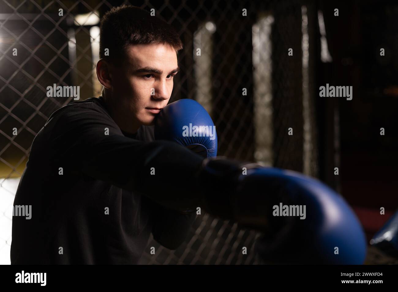 Boxer che pratica i suoi pugni in uno studio di pugilato. Giovane che pugni dentro una gabbia di pugilato, da vicino. Foto Stock