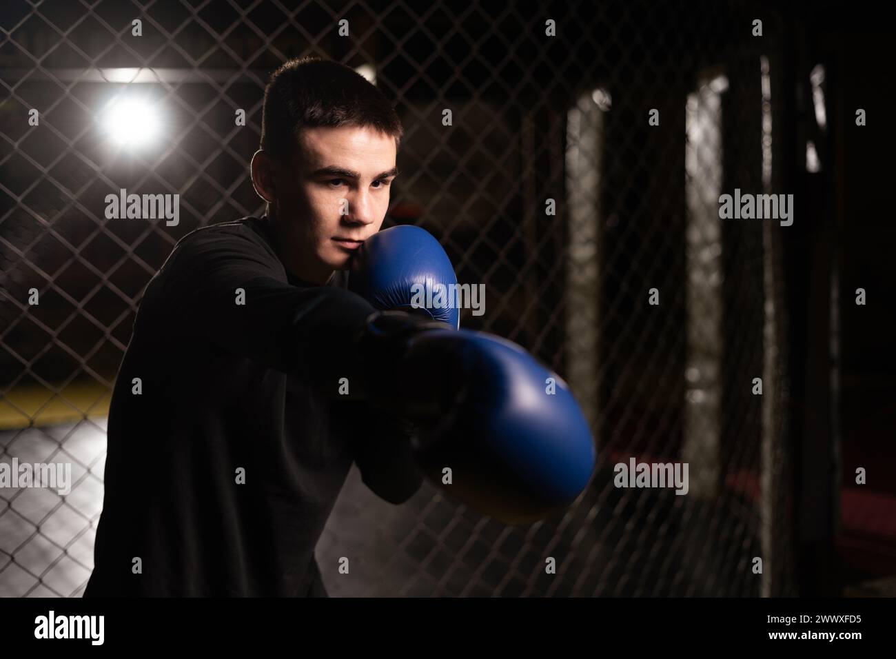 Boxer che pratica i suoi pugni in uno studio di pugilato. Giovane che pugni dentro una gabbia di pugilato, da vicino. Foto Stock