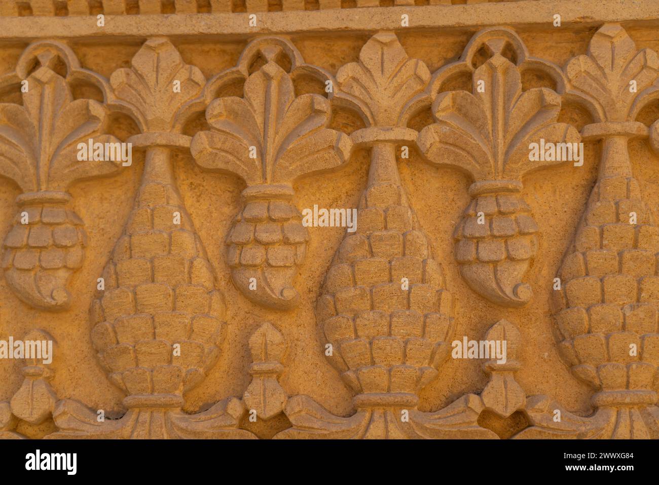 Dettagli dall'intaglio in un edificio in pietra arenaria dorata a Jaisalmer, la città dorata del Rajasthan Foto Stock
