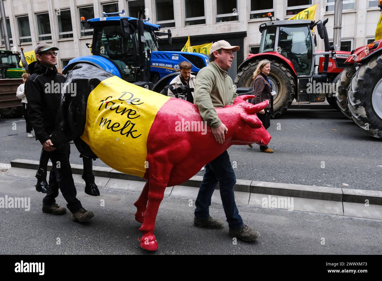 Bruxelles, Belgio. 26 marzo 2024. Gli agricoltori belgi partecipano a una protesta sulle pressioni sui prezzi, sulle tasse e sulla regolamentazione verde, il giorno della riunione dei ministri dell'agricoltura dell'Unione europea a Bruxelles, in Belgio, il 26 marzo 2024. Crediti: ALEXANDROS MICHAILIDIS/Alamy Live News Foto Stock