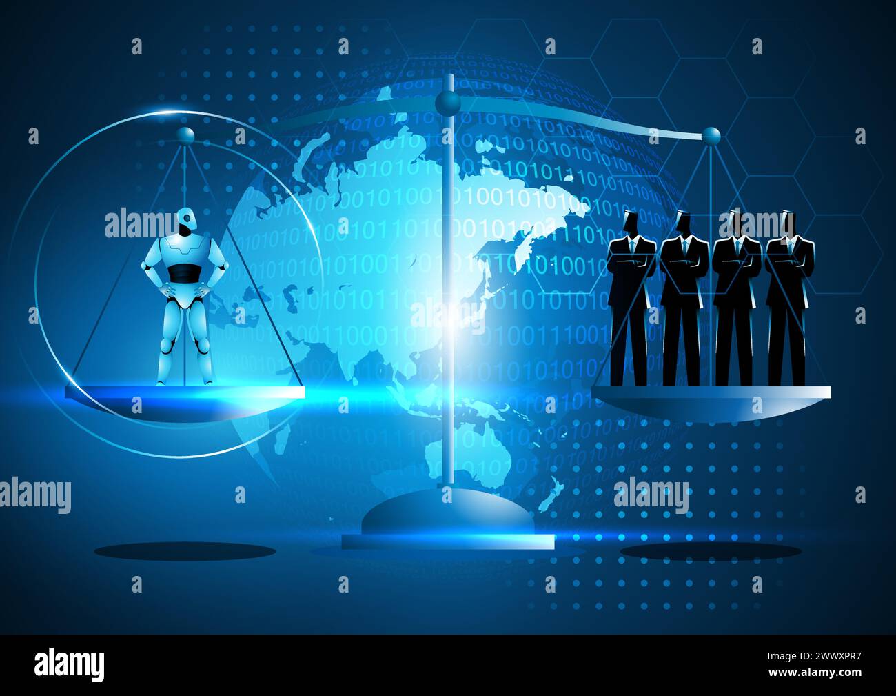 Il robot simboleggia l'intelligenza artificiale come un gruppo di uomini d'affari, rappresentando il potenziale della rivoluzione aziendale. Evoca il discorso sull'impatto dell'automazione e sull'Int Illustrazione Vettoriale