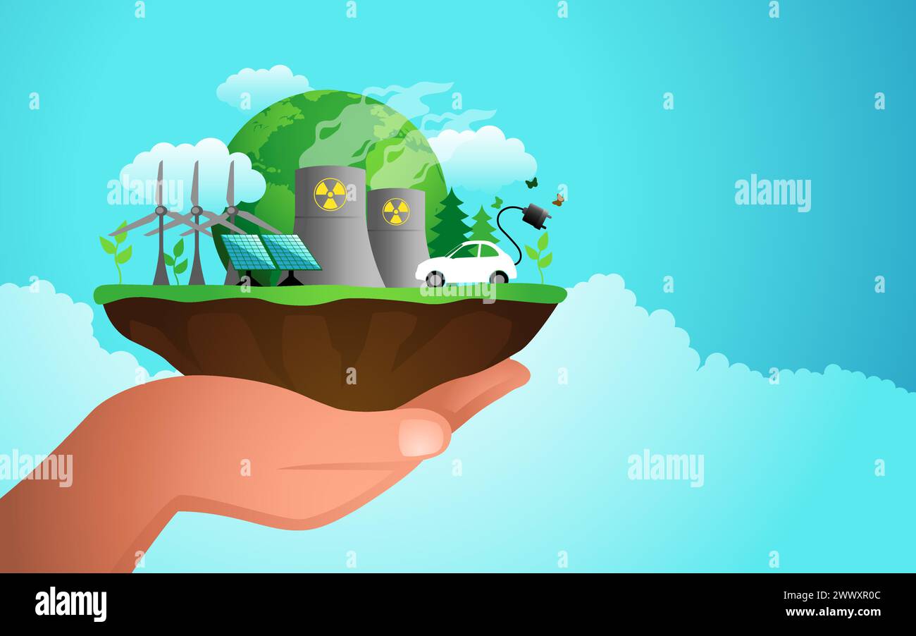 Mano che regge un grappolo di terreno con l'icona ecologica dell'energia verde. Combina simboli di energia eolica, energia nucleare e pannelli solari. Illustrazione Vettoriale