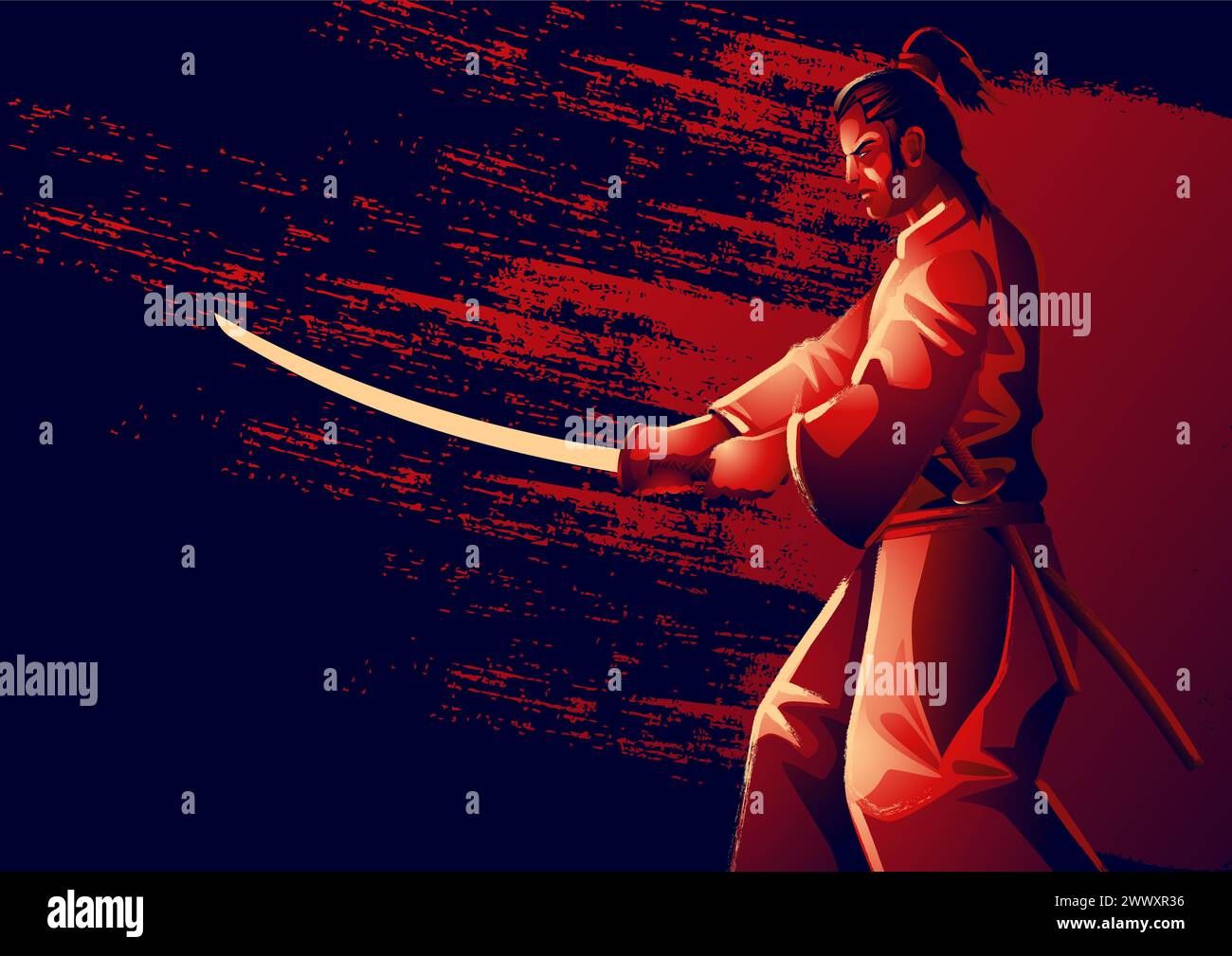 Illustrazione vettoriale in microstock dinamica, con una rappresentazione in stile grunge di un samurai pronto per la battaglia, katana in mano Illustrazione Vettoriale