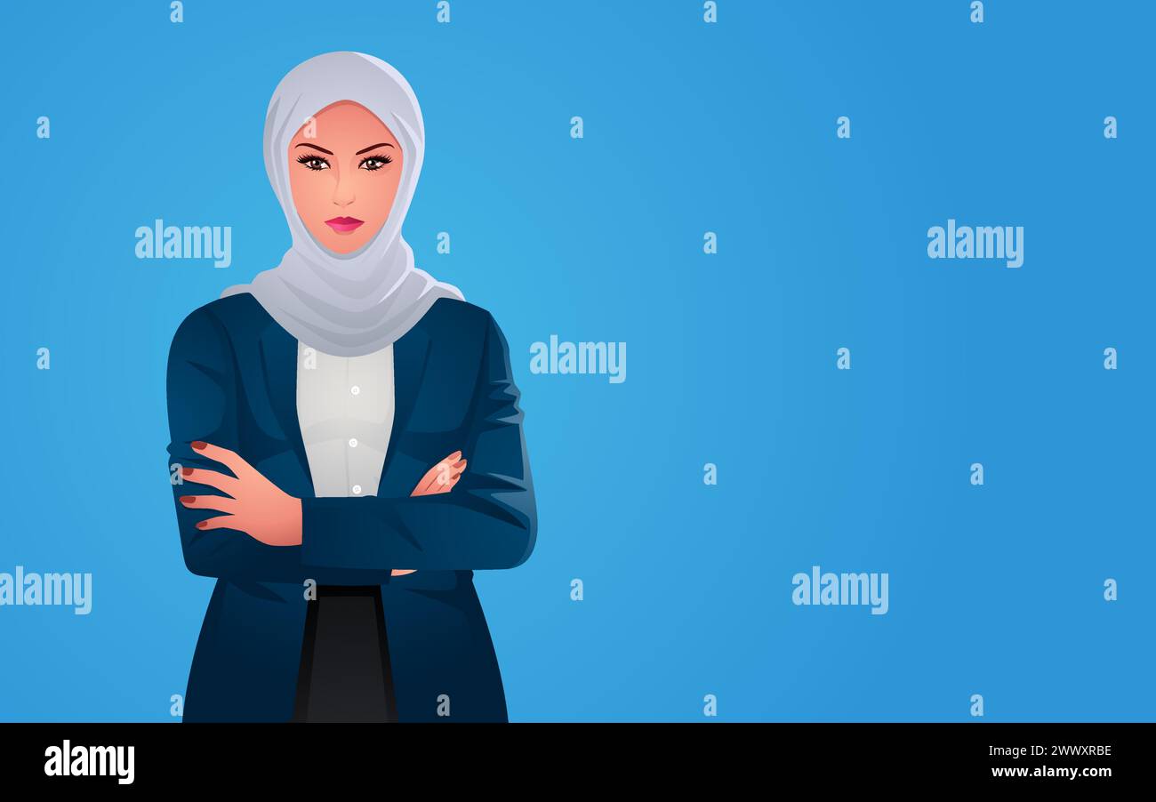 Bella donna d'affari musulmana in elegante stile hijab che si piega a mano, celebrando la ricchezza culturale e la professionalità. Rappresentazione la bellezza di Illustrazione Vettoriale