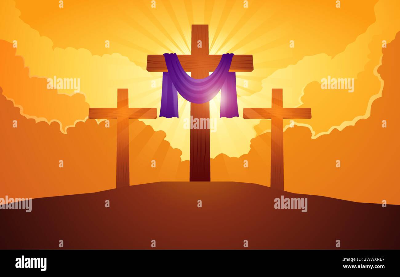 Serie di illustrazioni bibliche vettoriali, croce di legno con fascia viola sulla collina con sfondo nuvoloso, per venerdì Santo, risurrezione, pasqua, Illustrazione Vettoriale