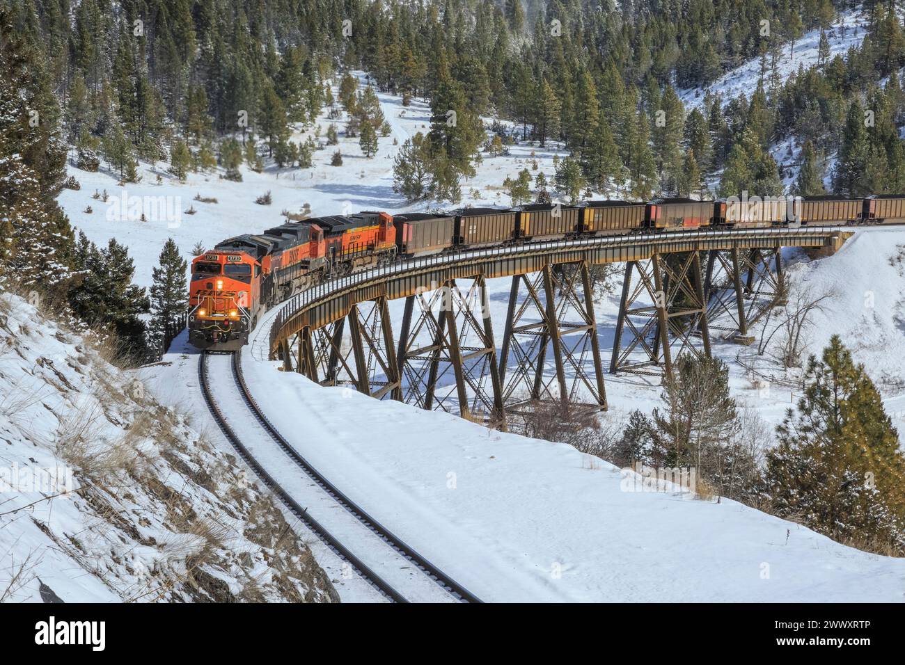 treno del carbone su un cavalletto diretto verso il passo di mullan sul continental divide vicino ad austin, montana Foto Stock