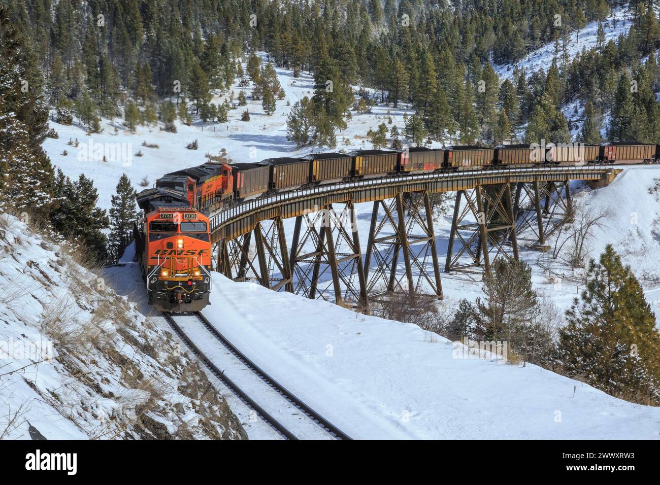 treno del carbone su un cavalletto diretto verso il passo di mullan sul continental divide vicino ad austin, montana Foto Stock