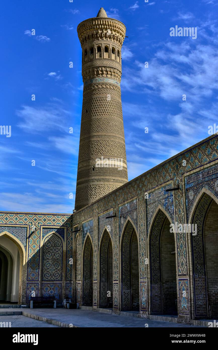 Il minareto di Kalyan forma il cortile con piastrelle a mosaico nel complesso della moschea po-i-Kalan, un sito patrimonio dell'umanità dell'UNESCO a Bukhara, Uzbekistan, Asia centrale Foto Stock